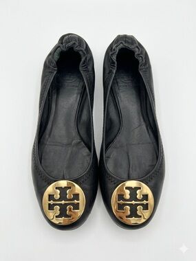 Tory Burch Minnie Travel Ballet Flats Black Gold Logo Size 7 Foldable Work Wear